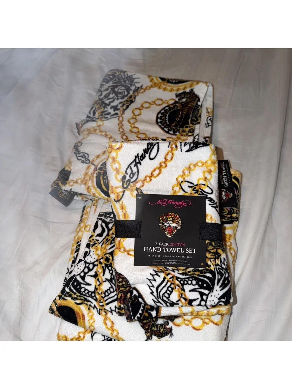 Ed Hardy 2 Bath Towels 28x53+matching 2PK Hand Towel Set Tiger Chain NWT